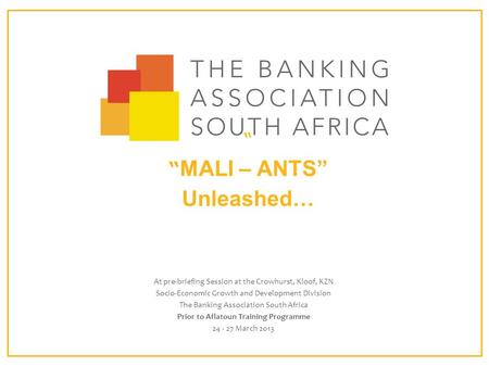 “ “ MALI – ANTS” Unleashed… At pre-briefing Session at the Crowhurst, Kloof, KZN Socio-Economic Growth and Development Division The Banking Association.