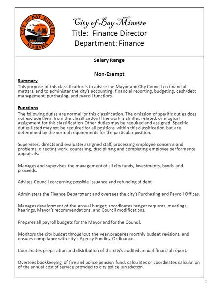 City of Bay Minette Title: Finance Director Department: Finance Salary Range Non-Exempt Summary This purpose of this classification is to advise the Mayor.