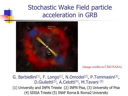 Stochastic Wake Field particle acceleration in GRB G. Barbiellini (1), F. Longo (1), N.Omodei (2), P.Tommasini (3), D.Giulietti (3), A.Celotti (4), M.Tavani.