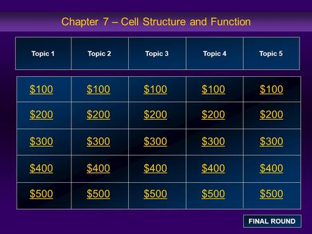 Chapter 7 – Cell Structure and Function $100 $200 $300 $400 $500 $100$100$100 $200 $300 $400 $500 Topic 1Topic 2Topic 3Topic 4 Topic 5 FINAL ROUND.