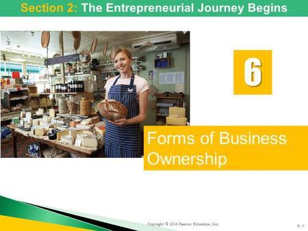 6 - 1 Copyright © 2016 Pearson Education, Inc. Forms of Business Ownership 6 Section 2: The Entrepreneurial Journey Begins.