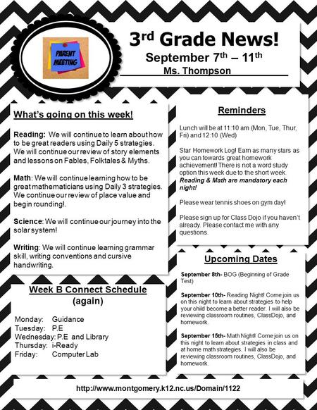 3 rd Grade News! September 7 th – 11 th ________Ms. Thompson __________ 3 rd Grade News! September 7 th – 11 th ________Ms. Thompson __________ What’s.