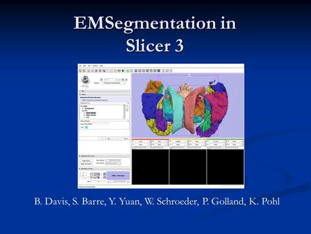 EMSegmentation in Slicer 3 B. Davis, S. Barre, Y. Yuan, W. Schroeder, P. Golland, K. Pohl.