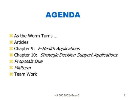 HA 660 2002--Term 51 AGENDA zAs the Worm Turns…. zArticles zChapter 9: E-Health Applications zChapter 10: Strategic Decision Support Applications zProposals.