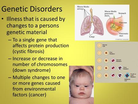 Genetic Disorders Illness that is caused by changes to a persons genetic material – To a single gene that affects protein production (cystic fibrosis)