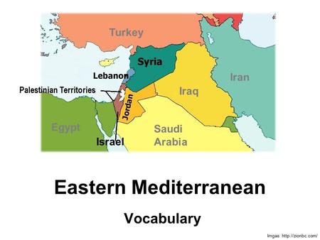 Eastern Mediterranean Vocabulary Imgae:  Palestinian Territories Israel Egypt Iraq Iran Saudi Arabia Turkey.