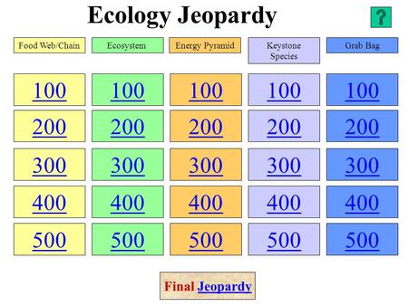 Ecology Jeopardy 100 200 300 400 500 100 200 300 400 500 100 200 300 400 500 100 200 300 400 500 100 200 300 400 500 Food Web/ChainEcosystemEnergy PyramidKeystone.