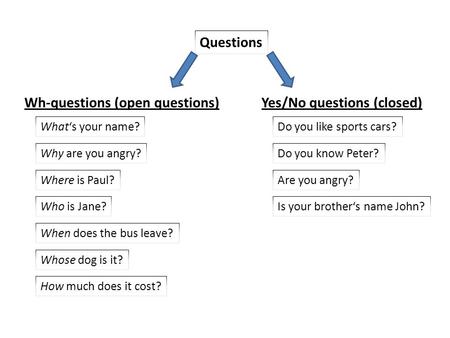 Wh-questions (open questions) Yes/No questions (closed)