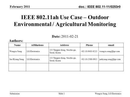 Doc.: IEEE 802.11-11/0253r0 February 2011 Wongyu Song, LG Electronics Submission Slide 1 IEEE 802.11ah Use Case – Outdoor Environmental / Agricultural.