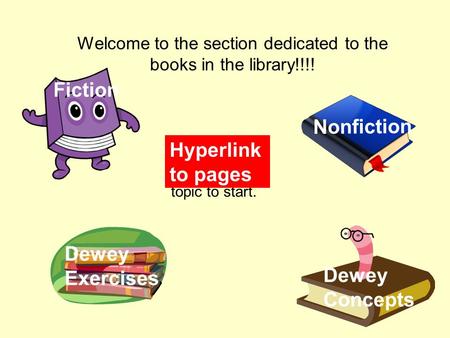 Welcome to the section dedicated to the books in the library!!!! Click on a topic to start. Nonfiction Dewey Concepts Fiction Dewey Exercises Hyperlink.