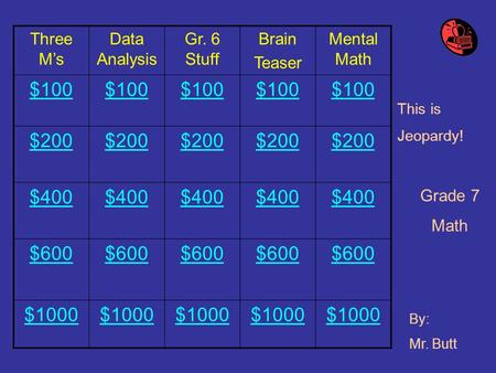 Three M’s Data Analysis Gr. 6 Stuff Brain Teaser Mental Math $100 $200 $400 $600 $1000 This is Jeopardy! By: Mr. Butt Grade 7 Math.