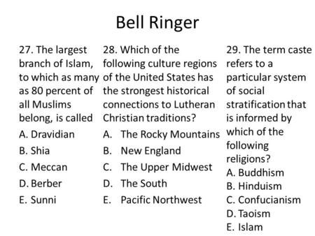 Bell Ringer 27. The largest branch of Islam, to which as many as 80 percent of all Muslims belong, is called A.Dravidian B.Shia C.Meccan D.Berber E.Sunni.