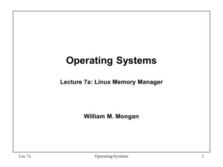 Lec 7aOperating Systems1 Operating Systems Lecture 7a: Linux Memory Manager William M. Mongan.