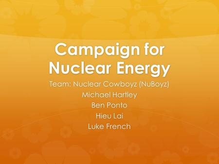 Campaign for Nuclear Energy Team: Nuclear Cowboyz (NuBoyz) Michael Hartley Ben Ponto Hieu Lai Luke French.