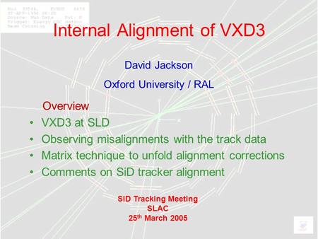 1 Internal Alignment of VXD3 Overview VXD3 at SLD Observing misalignments with the track data Matrix technique to unfold alignment corrections Comments.