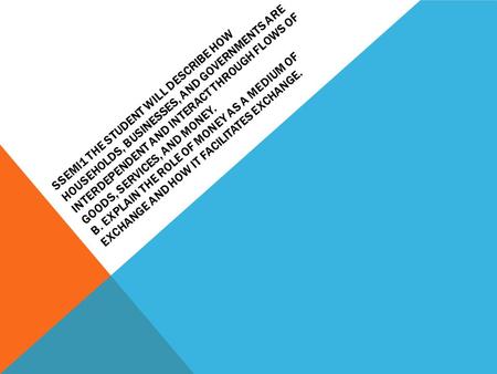 SSEMI1 THE STUDENT WILL DESCRIBE HOW HOUSEHOLDS, BUSINESSES, AND GOVERNMENTS ARE INTERDEPENDENT AND INTERACT THROUGH FLOWS OF GOODS, SERVICES, AND MONEY.