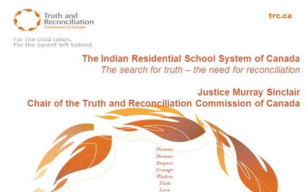 The Indian Residential School System of Canada The search for truth – the need for reconciliation Justice Murray Sinclair Chair of the Truth and Reconciliation.