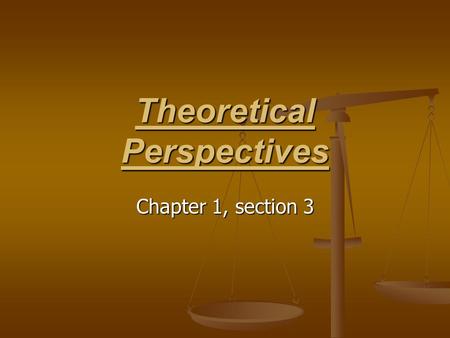 Theoretical Perspectives Chapter 1, section 3. Theoretical Perspective A set of assumptions accepted as true. A set of assumptions accepted as true. 1.