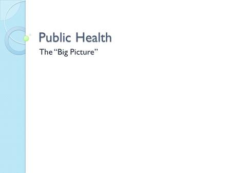 Public Health The “Big Picture”. What is Public Health? The sum of all official or governmental efforts to promote, protect, and preserve the people’s.