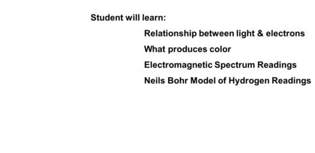 Student will learn: Relationship between light & electrons What produces color Electromagnetic Spectrum Readings Neils Bohr Model of Hydrogen Readings.