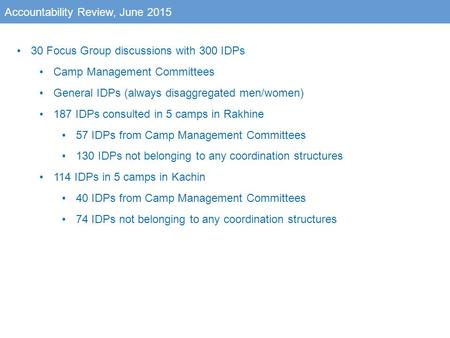 Accountability Review, June 2015 30 Focus Group discussions with 300 IDPs Camp Management Committees General IDPs (always disaggregated men/women) 187.