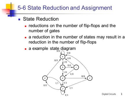 Digital Circuits 1 5-6 State Reduction and Assignment State Reduction reductions on the number of flip-flops and the number of gates a reduction in the.