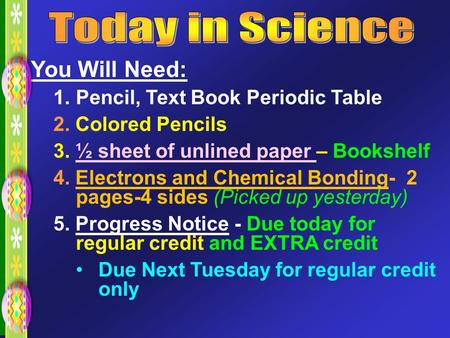 You Will Need: 1.Pencil, Text Book Periodic Table 2. Colored Pencils 3. ½ sheet of unlined paper – Bookshelf 4. Electrons and Chemical Bonding- 2 pages-4.