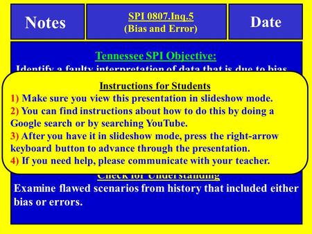 Notes Date Tennessee SPI Objective: