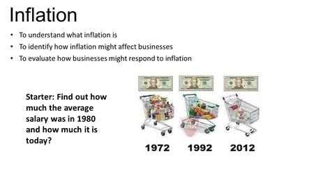 Inflation To understand what inflation is To identify how inflation might affect businesses To evaluate how businesses might respond to inflation Starter: