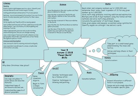 Year 5 Autumn 2 2015 “Planet Earth” Skills Literacy Reading Predict what might happen next in a story. Identify and discuss themes across a wide range.