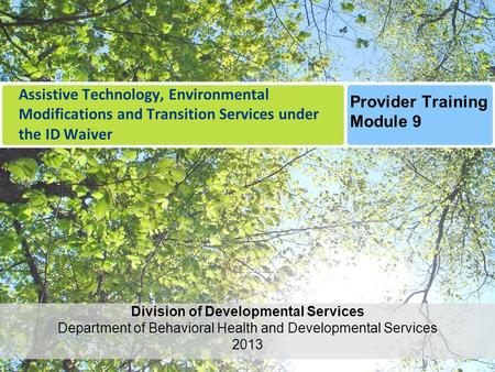 Assistive Technology, Environmental Modifications and Transition Services under the ID Waiver Division of Developmental Services Department of Behavioral.