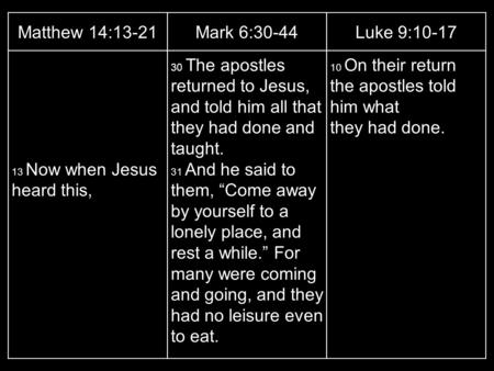 Matthew 14:13-21Mark 6:30-44Luke 9:10-17 13 Now when Jesus heard this, 30 The apostles returned to Jesus, and told him all that they had done and taught.