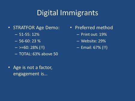 Digital Immigrants STRATFOR Age Demo: – 51-55: 12% – 56-60: 23 % – >=60: 28% (!!) – TOTAL: 63% above 50 Age is not a factor, engagement is… Preferred method.