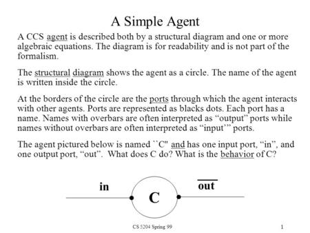 CS 5204 Spring 99 1 A Simple Agent A CCS agent is described both by a structural diagram and one or more algebraic equations. The diagram is for readability.