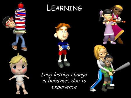 L EARNING Long lasting change in behavior, due to experience.