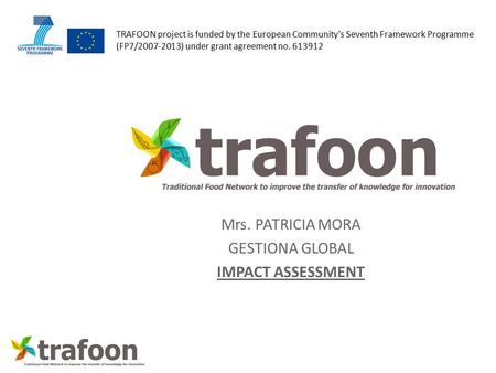 TRAFOON project is funded by the European Community's Seventh Framework Programme (FP7/2007-2013) under grant agreement no. 613912 Mrs. PATRICIA MORA GESTIONA.