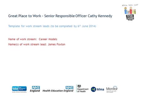 Great Place to Work – Senior Responsible Officer Cathy Kennedy Template for work stream leads (to be completed by 6 th June 2014) Name of work stream: