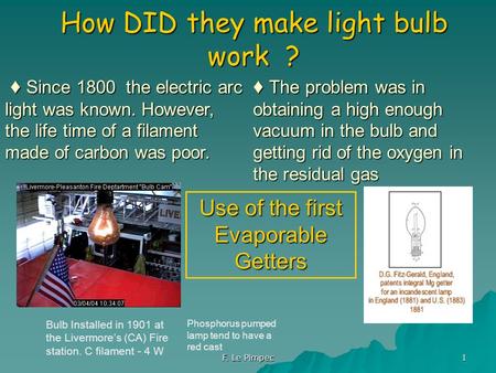 F. Le Pimpec 1 How DID they make light bulb work ? Bulb Installed in 1901 at the Livermore’s (CA) Fire station. C filament - 4 W ♦ Since 1800 the electric.