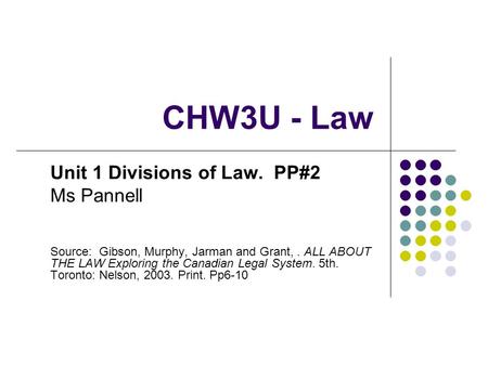 CHW3U - Law Unit 1 Divisions of Law. PP#2 Ms Pannell Source: Gibson, Murphy, Jarman and Grant,. ALL ABOUT THE LAW Exploring the Canadian Legal System.