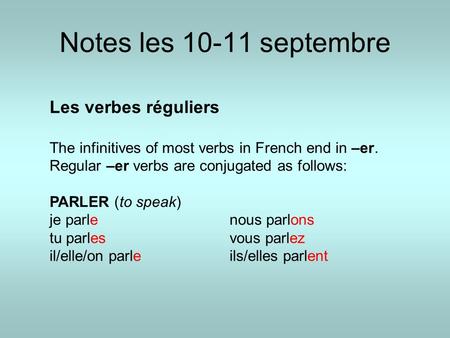 Notes les 10-11 septembre Les verbes réguliers The infinitives of most verbs in French end in –er. Regular –er verbs are conjugated as follows: PARLER.