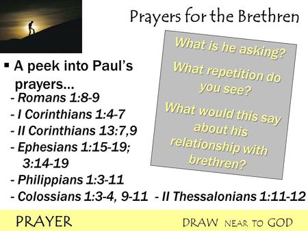 PRAYER DRAW NEAR TO GOD Prayers for the Brethren  A peek into Paul’s prayers… - Romans 1:8-9 - I Corinthians 1:4-7 - II Corinthians 13:7,9 - Ephesians.