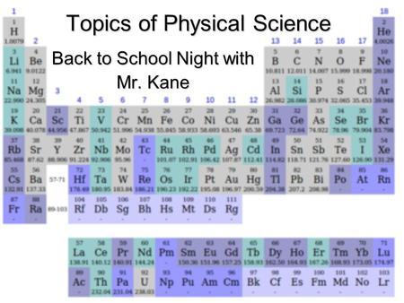 Topics of Physical Science Back to School Night with Mr. Kane.