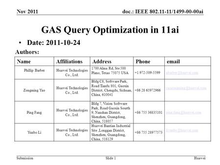 Doc.: IEEE 802.11-11/1499-00-00ai Submission NameAffiliationsAddressPhoneemail Phillip BarberHuawei Technologies Co., Ltd. 1700 Alma Rd, Ste 500 Plano,