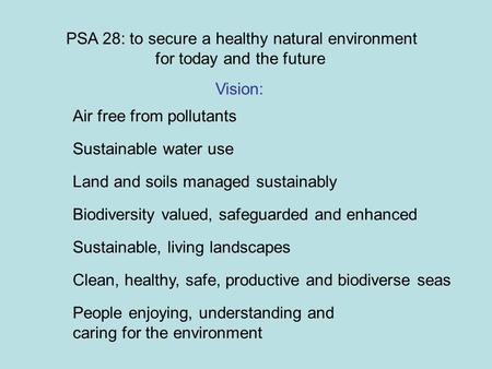 PSA 28: to secure a healthy natural environment for today and the future Air free from pollutants Sustainable water use Land and soils managed sustainably.