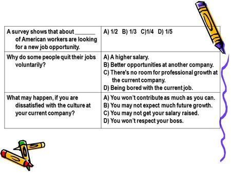 A survey shows that about _______ of American workers are looking for a new job opportunity. A) 1/2 B) 1/3 C)1/4 D) 1/5 Why do some people quit their jobs.