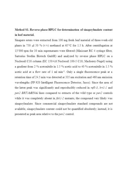 Method S1. Reverse phase HPLC for determination of sinapoylmalate content in leaf material. Sinapate esters were extracted from 100 mg fresh leaf material.