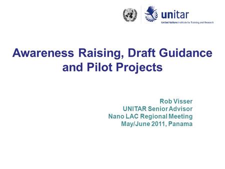 Awareness Raising, Draft Guidance and Pilot Projects Rob Visser UNITAR Senior Advisor Nano LAC Regional Meeting May/June 2011, Panama.