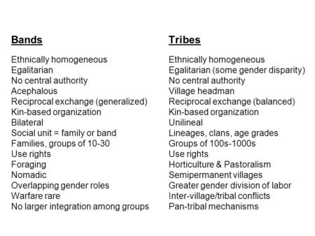 Bands Tribes Ethnically homogeneous Ethnically homogeneous