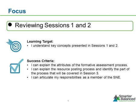 Focus Reviewing Sessions 1 and 2 Learning Target: I understand key concepts presented in Sessions 1 and 2. Success Criteria: I can explain the attributes.