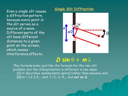 Even a single slit causes a diffraction pattern, because every point in the slit serves as a source of a wave. Different parts of the slit have different.